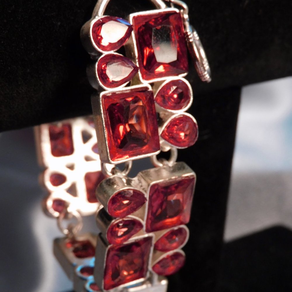 Silver Tone Red Quartz Faceted Stone Toggle Bracelet